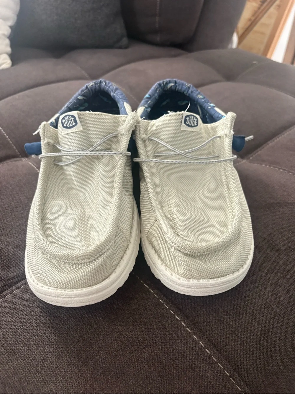 Hey Dude Wally Funk Blue Water Grey Canvas Slip-Ons with Navy Printed Collar